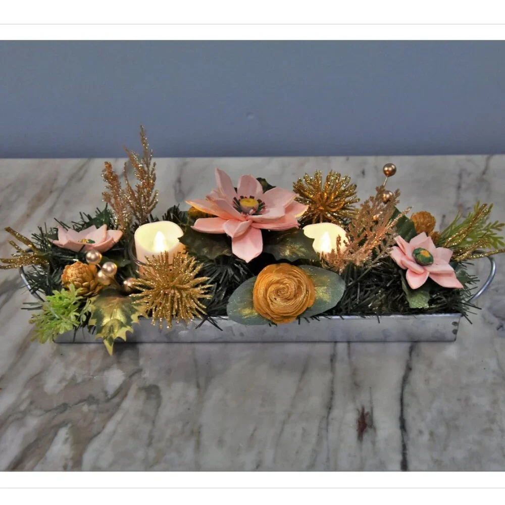 Festive Centerpiece! Galvanized metal tray w/salmon sustainable Sola Poinsettias